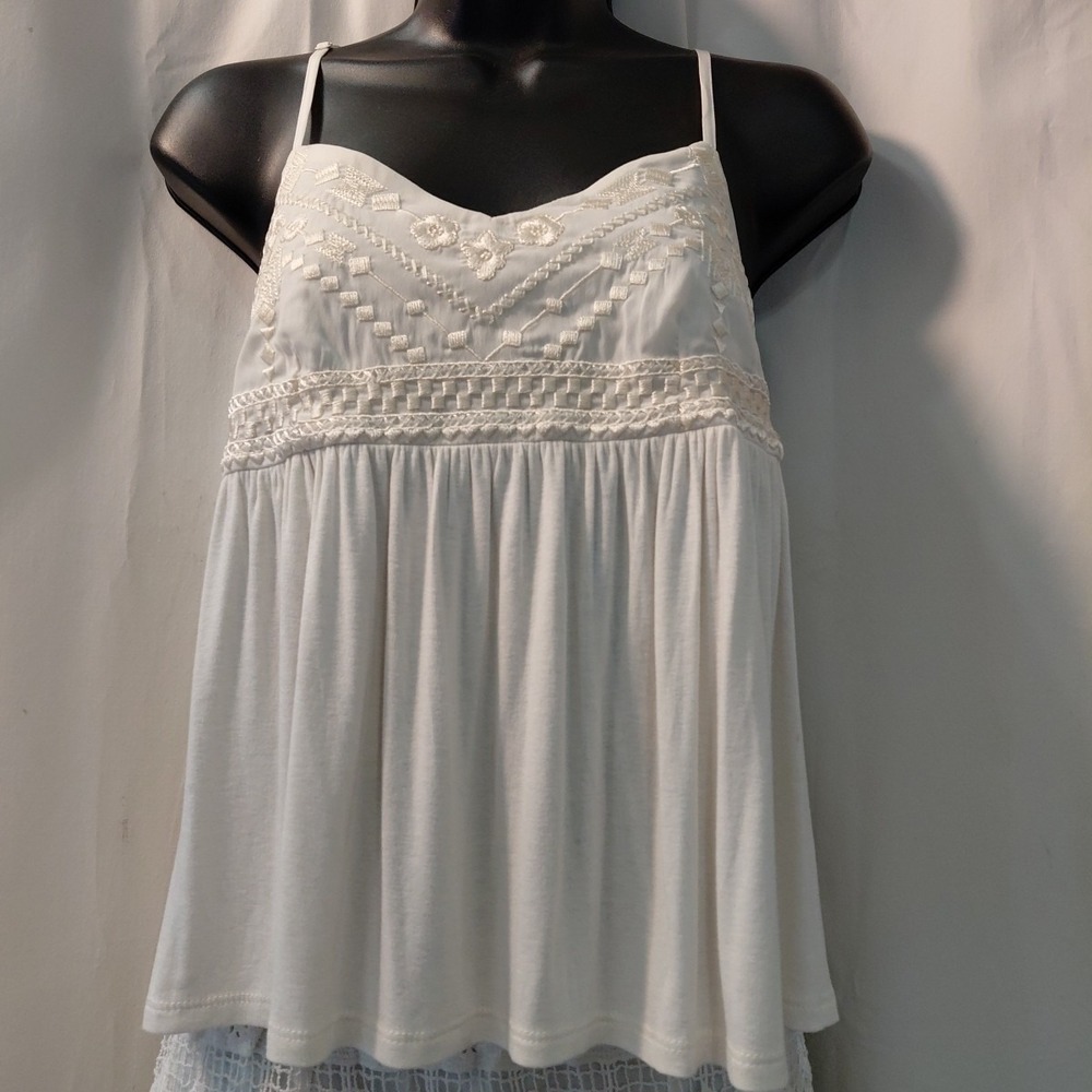 White Embroided Babydoll Cami Top Flowy Romantic Boho Vtg 90s Y2k America‎ Eagle